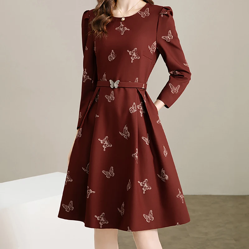 EVNISI Women Elegant Butterfly Floral Print Dress With Belt O-neck Long sleeves Spring Autumn A-line Dresses Party Women Vestido