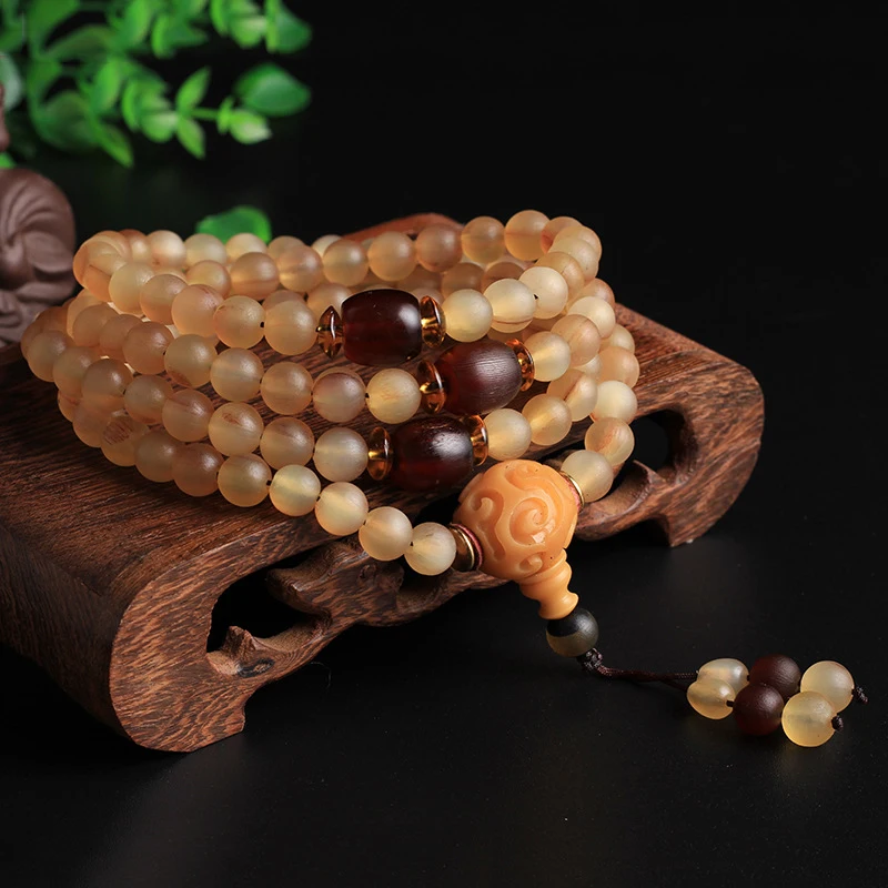 Tibetan Yak Horn Bead Bracelet 8mm 108 Beads, Oily and Transparent, Ethnic Style