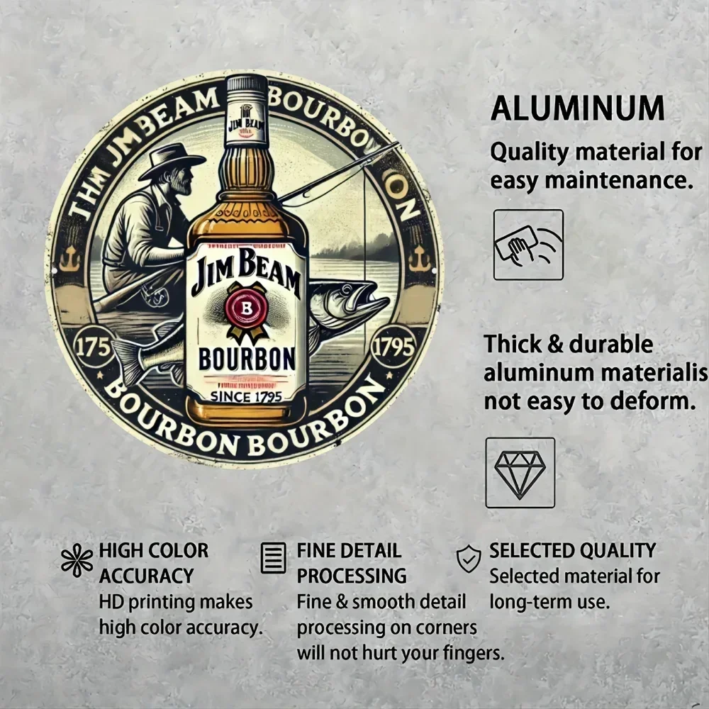 "علامة معدنية مستديرة من الألومنيوم مكونة من قطعة واحدة من جيم بيم فينتاج. لوحة فنية جدارية متينة، هدية مثالية للمساحات المتعددة، في الداخل أو الخارج." #6