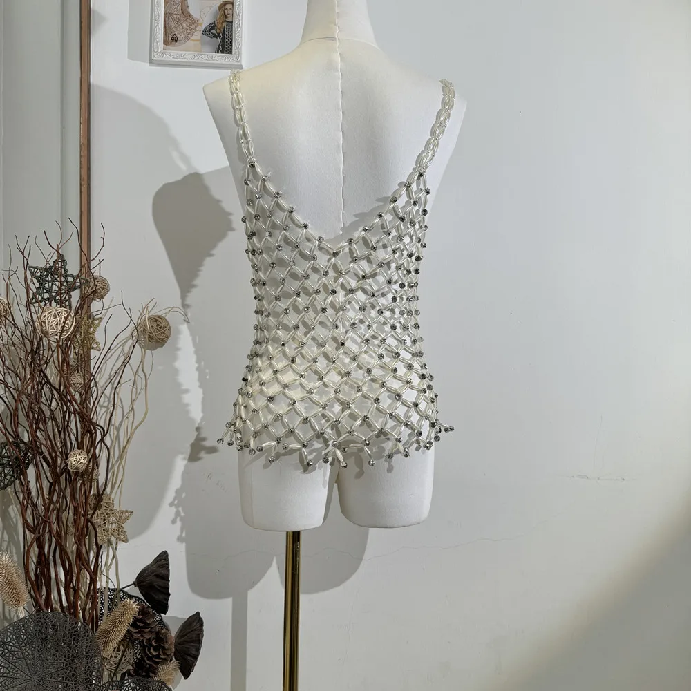 Women Fashion Imitation Pearl Hollow Vest Body Chain Handmade Crystal Beaded Camisole Hollow Out Mesh Tank Top Club Body Jewelry