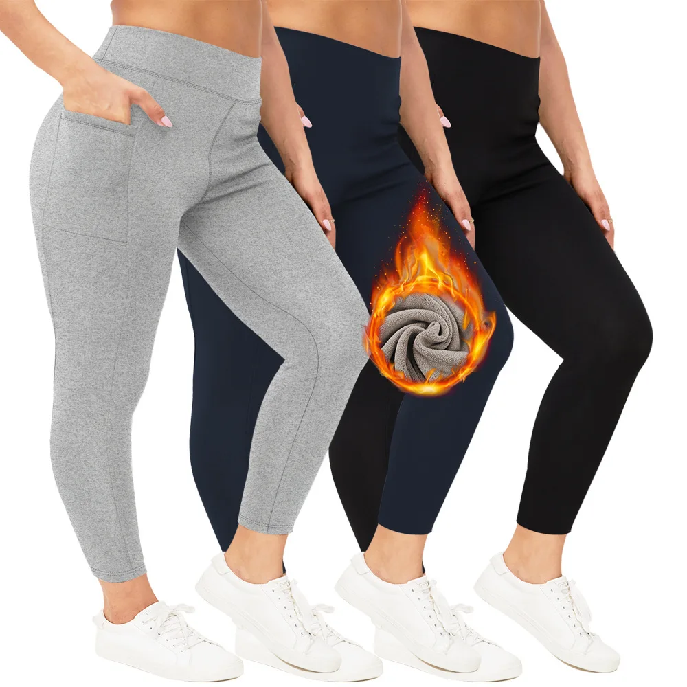 Women Plus Size Fleece Lined High Waist Leggings with Pockets Winter Thick Thermal Tummy Control Warm Stretchy Pants