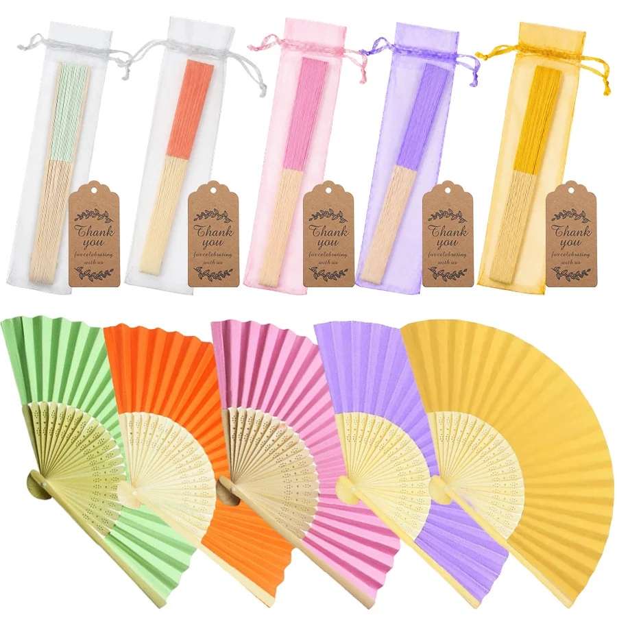 30PCS Elegant Folding Hand Fans Gift Set Fresh Color Paper Fans with Organza Bags Thank You Tags Wedding Party Favors Bridal ZYF