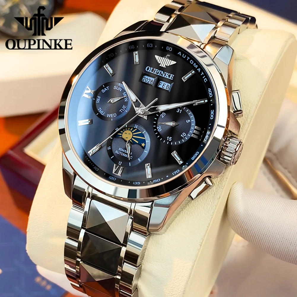 OUPINKE Moon Phase Fully Automatic Mechanical Watch for Men Tungsten Steel Strap Waterproof Luminous Calendar Men\'s Wristwatches