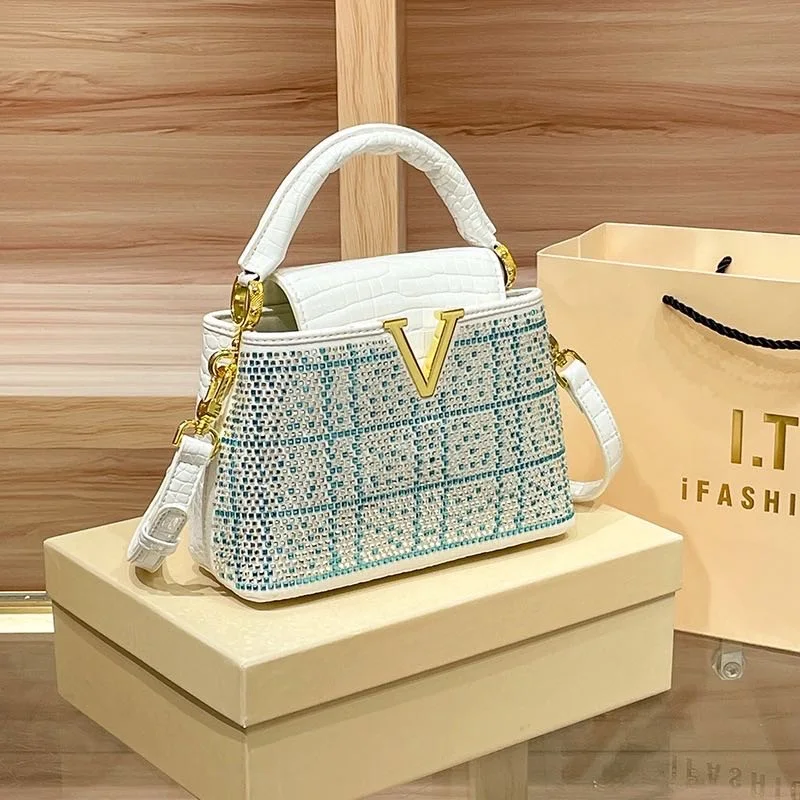 Good Diamond Studded Handbag With Contrasting Colors, Single Shoulder Crossbody Small Bag, Finalized Big Brand Women\'s Bag