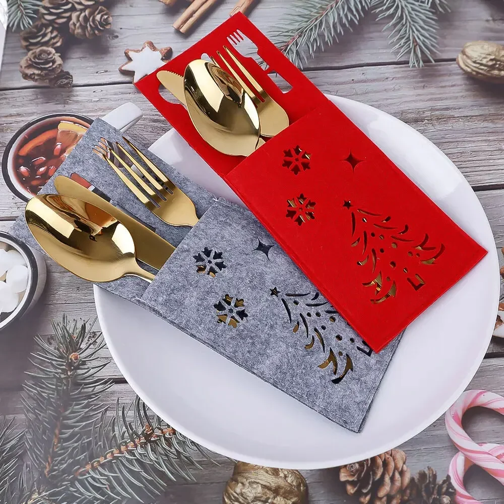 4X Fork Knife Spoon Bags Christmas Cutlery Bag Xmas Tree Hollow Pattern Pocket New Year Decoration Kitchen Tableware Organizer