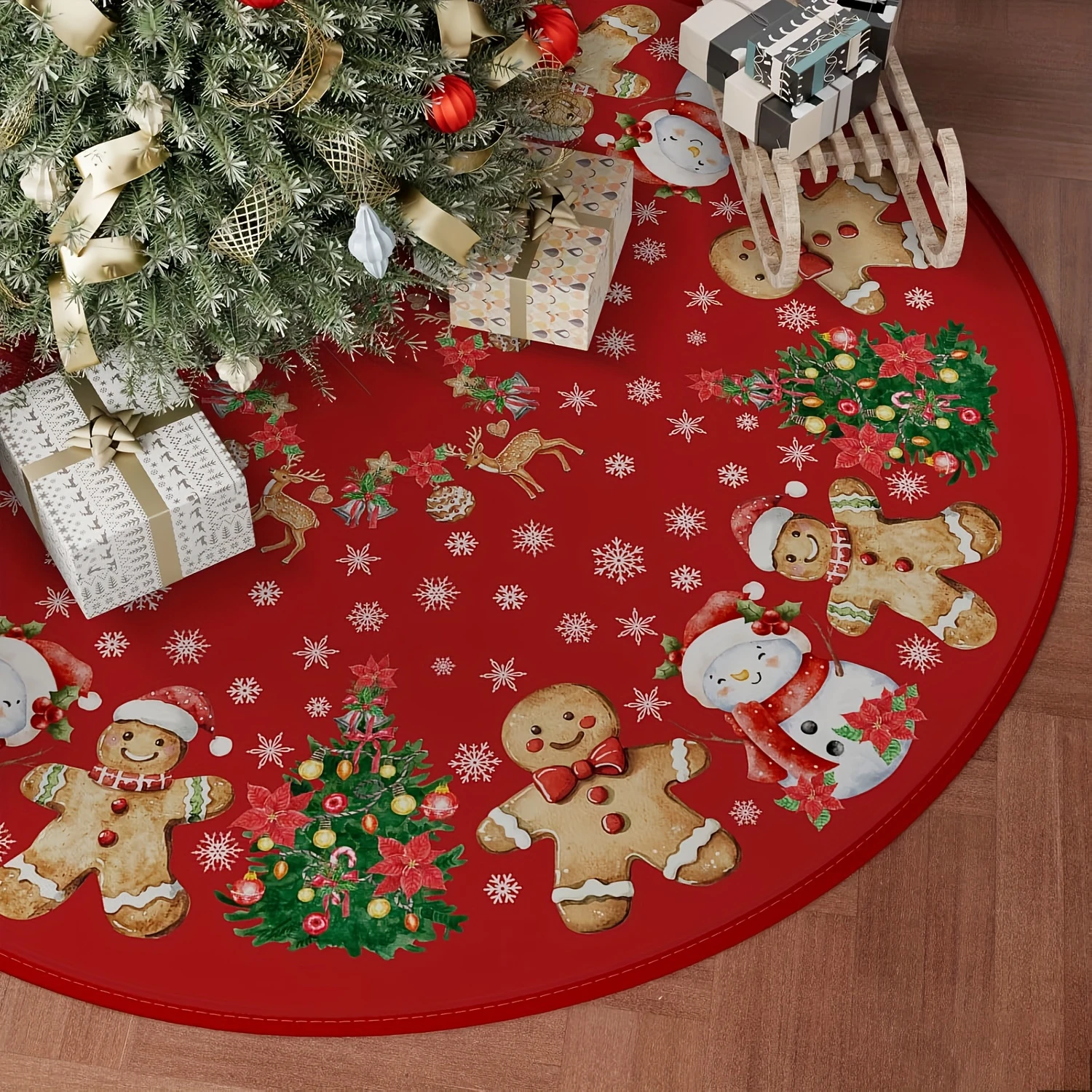 VIKAMA Cartoon Gingerbread Tree Skirt Red Circular Base Carpet Farmhouse Festive Floor Decor