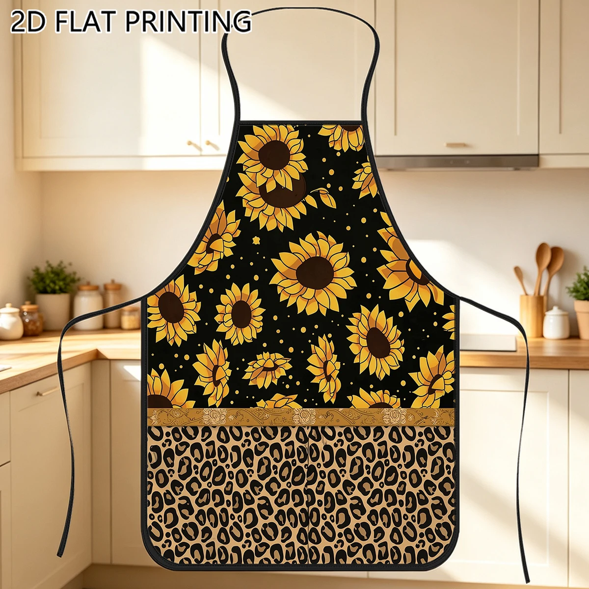 1pc Sunflower Leopard Mix Pattern Apron For Chef Cooking Baking Home Kitchen