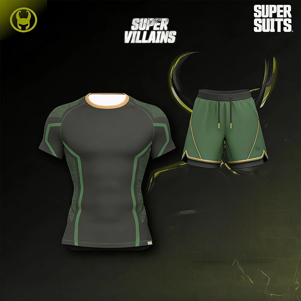 

Super Villain Hero Loki Odison T-Shirt Set Summer New Men's Tight Fitness Set Breathable Speed Drying Running MMA Fighting Set
