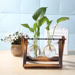 Glass and Wood Vase Planter Terrarium Table Desktop Hydroponics Tray Home Decor Plant Bonsai Flower Pot Hanging Pots with Wooden