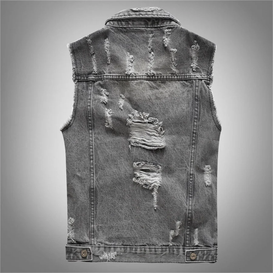 Spring Autumn Vintage Men's Denim Vest Male Sleeveless Jacket Men Grey Ripped Hole Jean Waistcoats Clothing Oversize 5XL