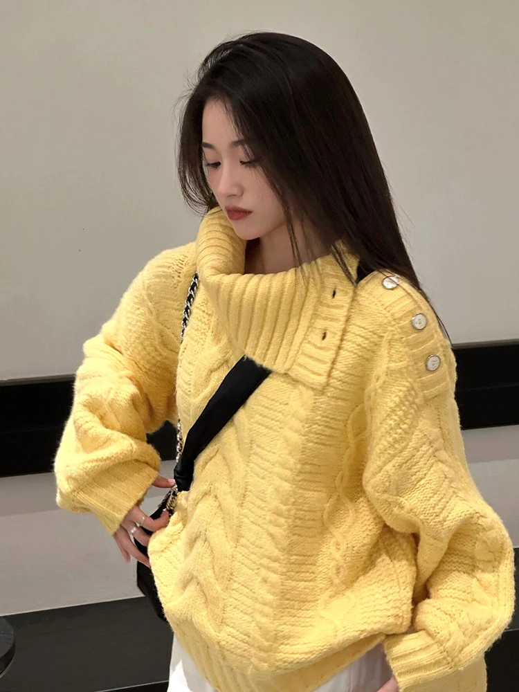 Women's Goose Yellow Sweater 2024 New Autumn/Winter Designer Lapel Texture Thick Knitted Pullover Gentle Elegant Commuter Top