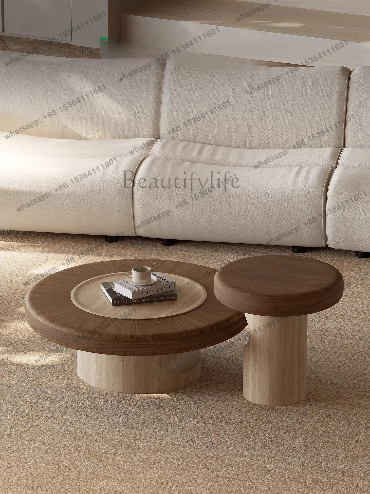 

Medieval style coffee table combination solid wood round living room household walnut leather art wabi-sabi