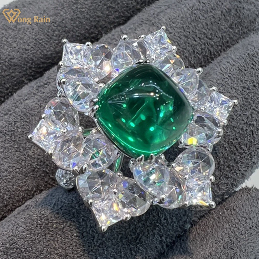 Wong Rain 925 Sterling Silver Sugar-loaf Cut Emerald High Carbon Diamonds Gemstone Cocktail Party Flower Rings Jewelry for Women