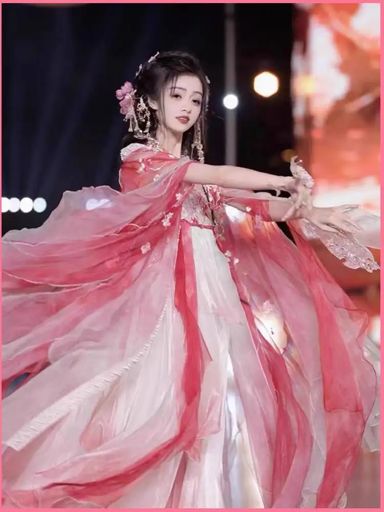 

Hanfu двенадцать цветочных богов династии Тан с тяжелой вышивкой, юбка Hezi на груди, комплект с рукавами-бабочками, весенне-летнее платье