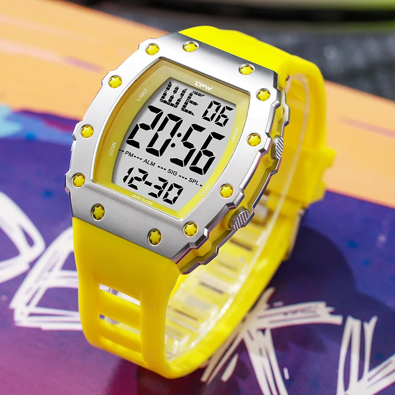 Men's Digital Wristwatch Barrel‑Shaped Case Multi‑Functional Waterproof Sports Watch Male Outdoor Daily Casual Electronic Wrist
