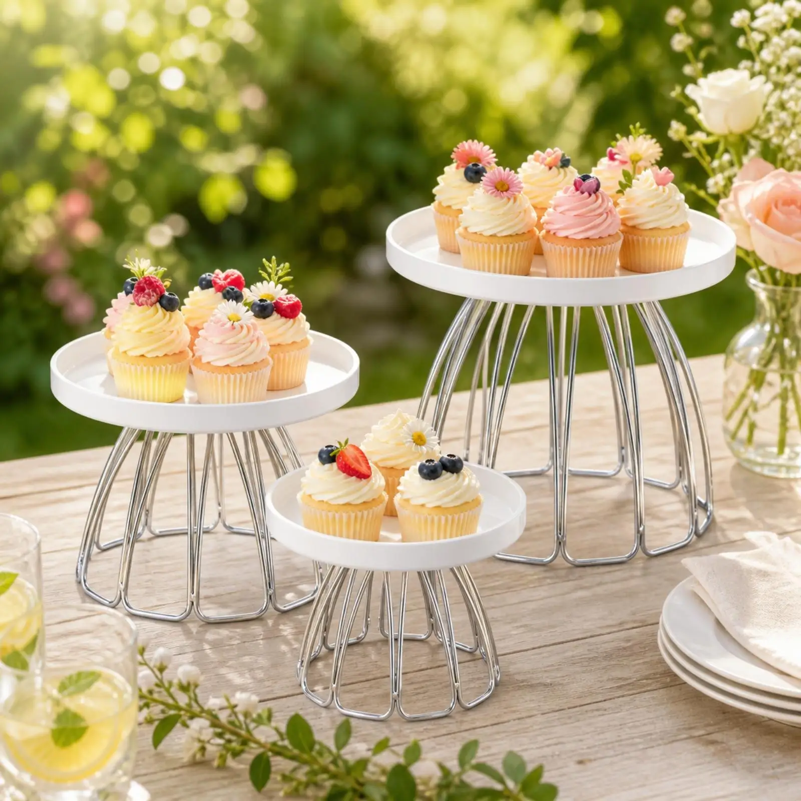 Elegant White Ceramic Cake Stand Metal Frame for Birthday Pastry Showcase Home Events