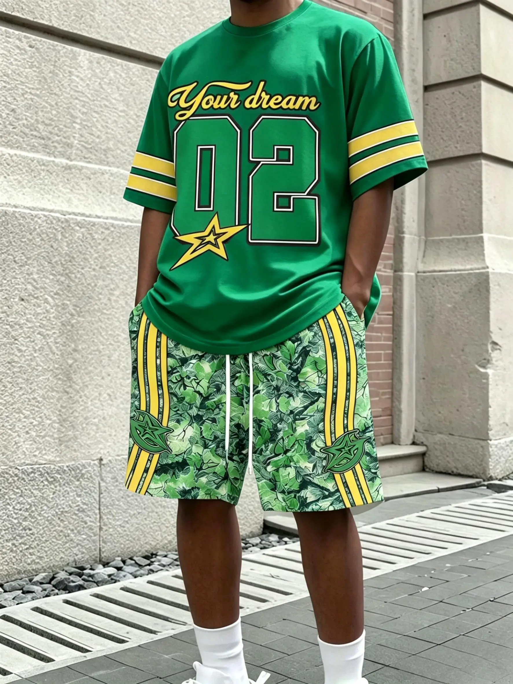 Conjunto de camiseta de cuello redondo y pantalones cortos con cordón, a rayas y con estampado de letras, suave y transpirable, para hombre, estilo americano, para verano, para actividades al aire libre.