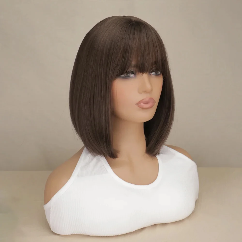 WHIMSICAL W Short Straight Bob Wigs with Bangs Golden Brown Natural Synthetic Hair for Women Daily Cosplay Heat Resistant Fiber