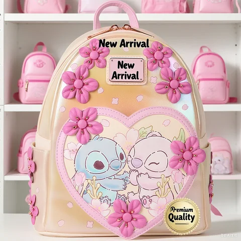 【New】Loungefly Pink Stitch & Angel Cherry Blossom Heart Mini Backpack Wall Women'S Purse Gifts Card Bag Double Fold Coin Purse