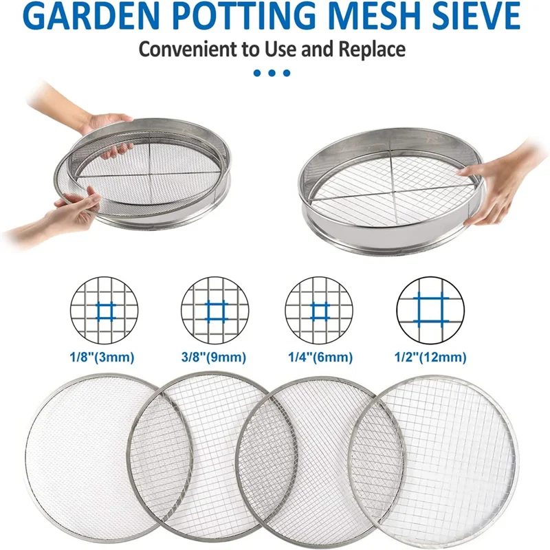 Garten-Topfgeflecht-Sieb-Siebpfanne – Edelstahl-Mischbodenfilter, 4 Siebgeflechtfilter (1/8 Zoll, 1/4 Zoll, 3/8 Zoll und 1/2 Zoll)