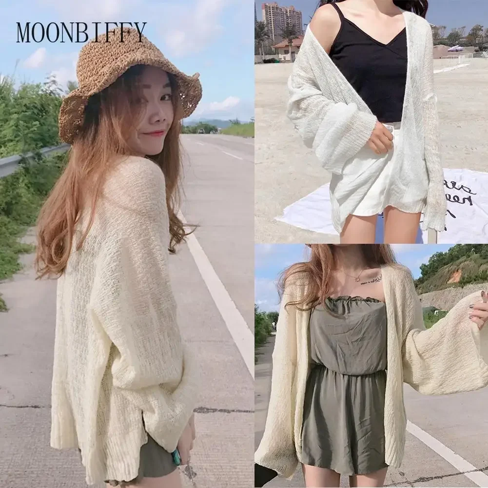 

Summer Knitted Cardigan Cardigan lazy loose Hollow soild color long-sleeved air-conditioned shirt Cropped Sweter Cardigan