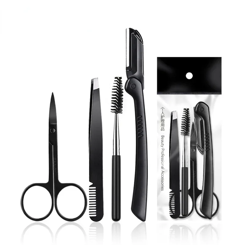 Black Eyebrow Trimming Scissors Stainless Steel Tweezers Scraping Eyebrow Comb Razor Eyebrow Clip Makeup Tools Sets