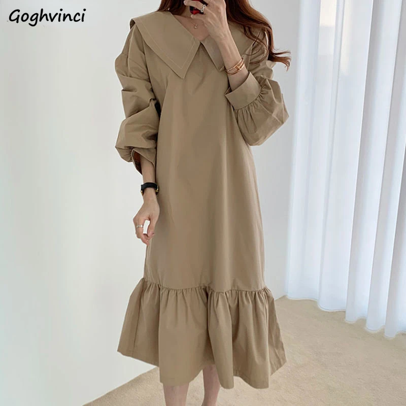 

Sailor Collar Dresses Women Vintage Ruffles Design Korean Style Tender Baggy Chic Autumn Ladies Elegant Commuter Midi Vestidos