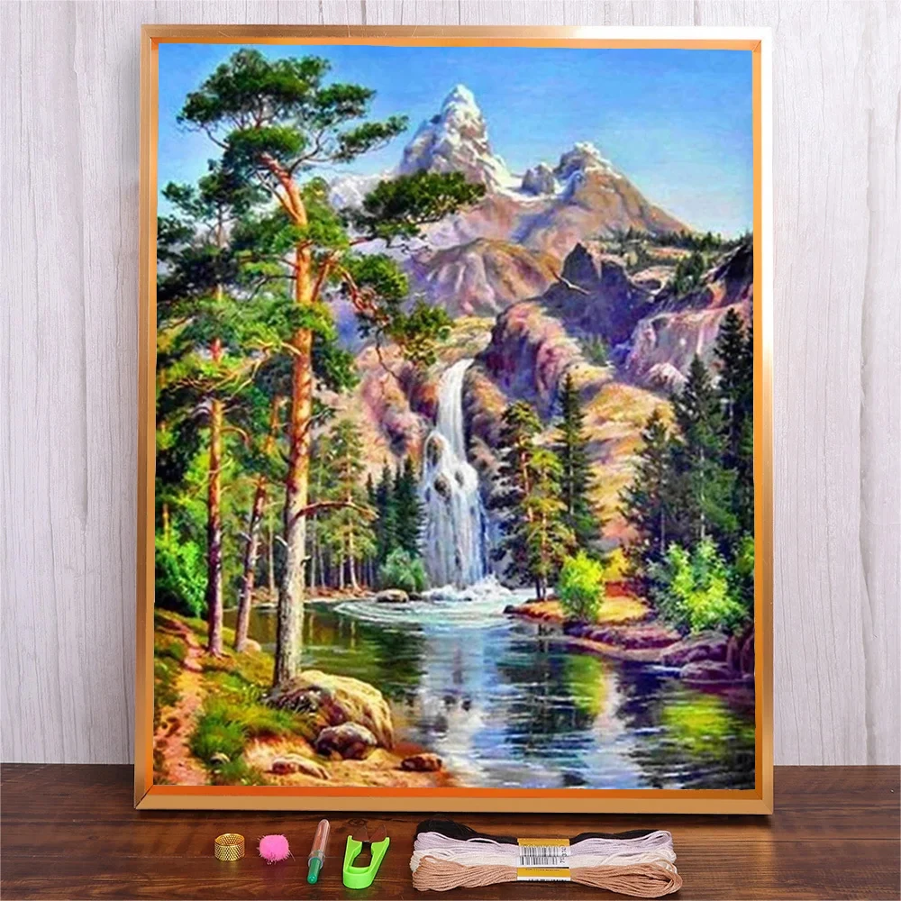 Zestaw do haftu krzyżykowego Mountain Waterfall Landscape 14ct 11ct Unprint Count Cloth Haft DIY Handmade Needlework Wall Home Decor