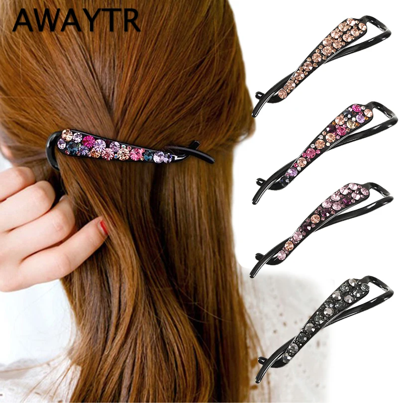 AWAYTR Elegant Crystal Hairpins Frog Buckle Hair Clips Rhinestones Ponytail Barrettes Banana Clip Twist Clip Women Headwear