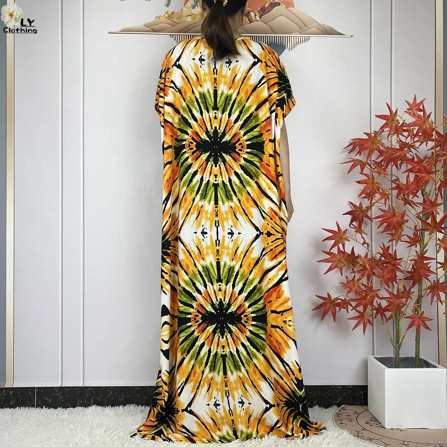 Summer Dubai Fashion Lady Clothing Soft Cotton Tie-dyed Loose Maxi Islam Women Short Sleeve African Abaya Dress With Big Scarf