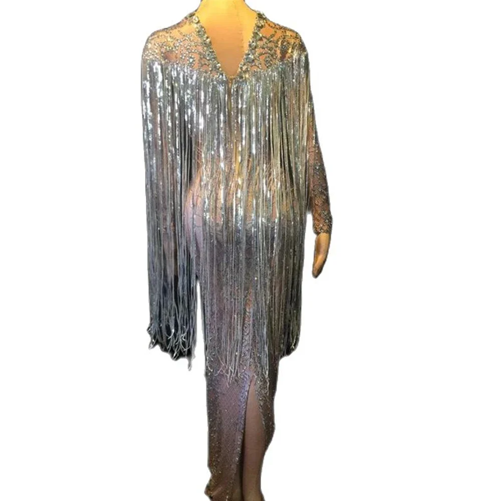 Robes longues à pampilles en cristal argenté pour femmes, diamants brillants, biscuits, longueur au sol, robes fendues à commande serrée, tenue de boîte de nuit