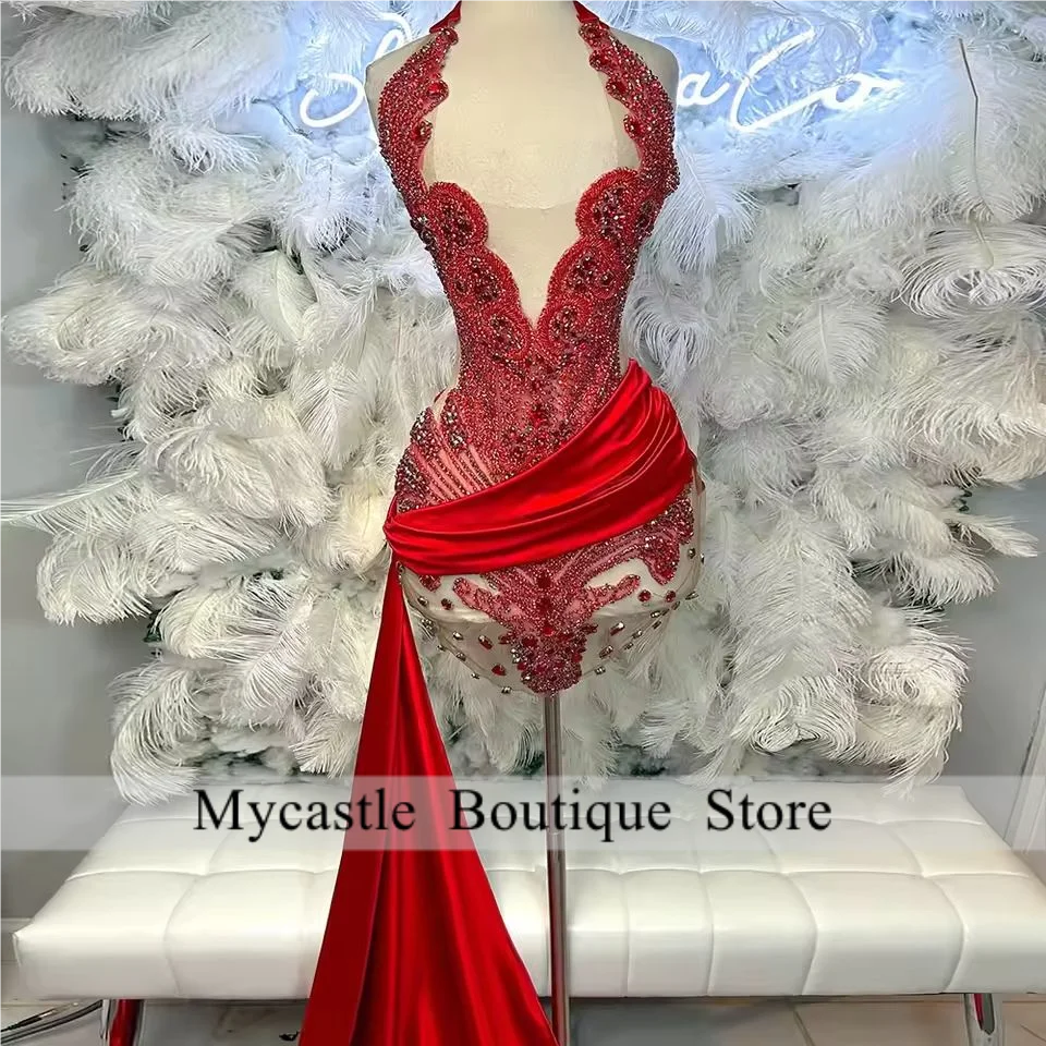 فستان حفلة موسيقية قصير مرصع بالألماس الأحمر اللامع للفتيات السود فساتين حفلات أعياد الميلاد كريستال مطرز مع فستان كوكتيل ذيل مخصص #1