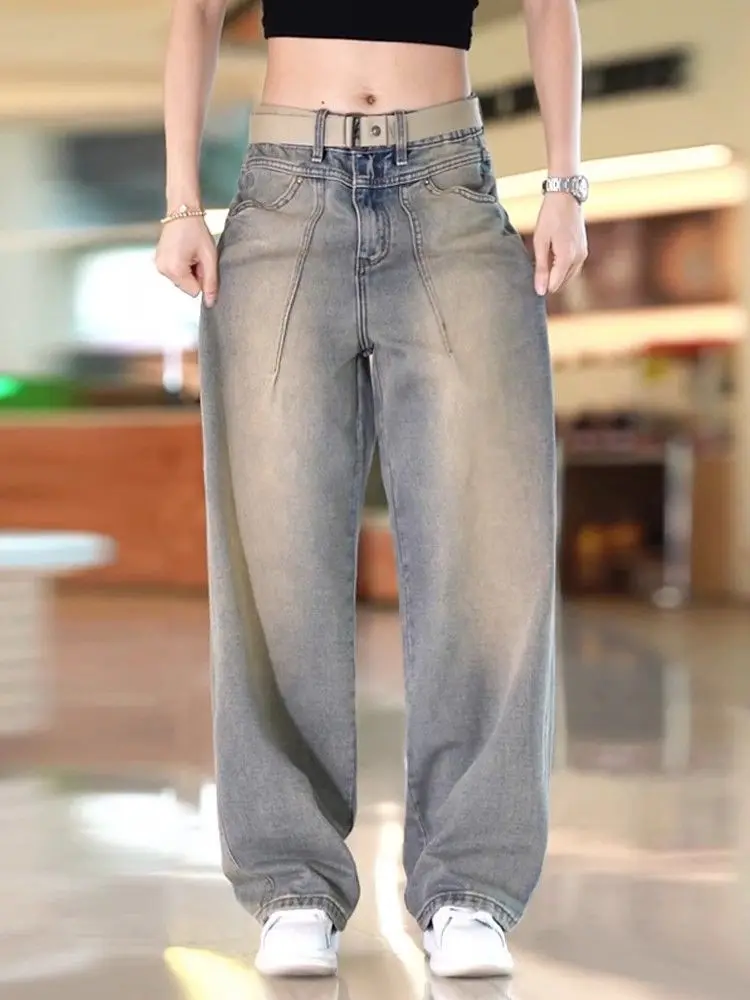 Mens New Arrival Retro Washed Denim Pants Casual Stylish All-Match US Style Straight Wide Leg Trousers