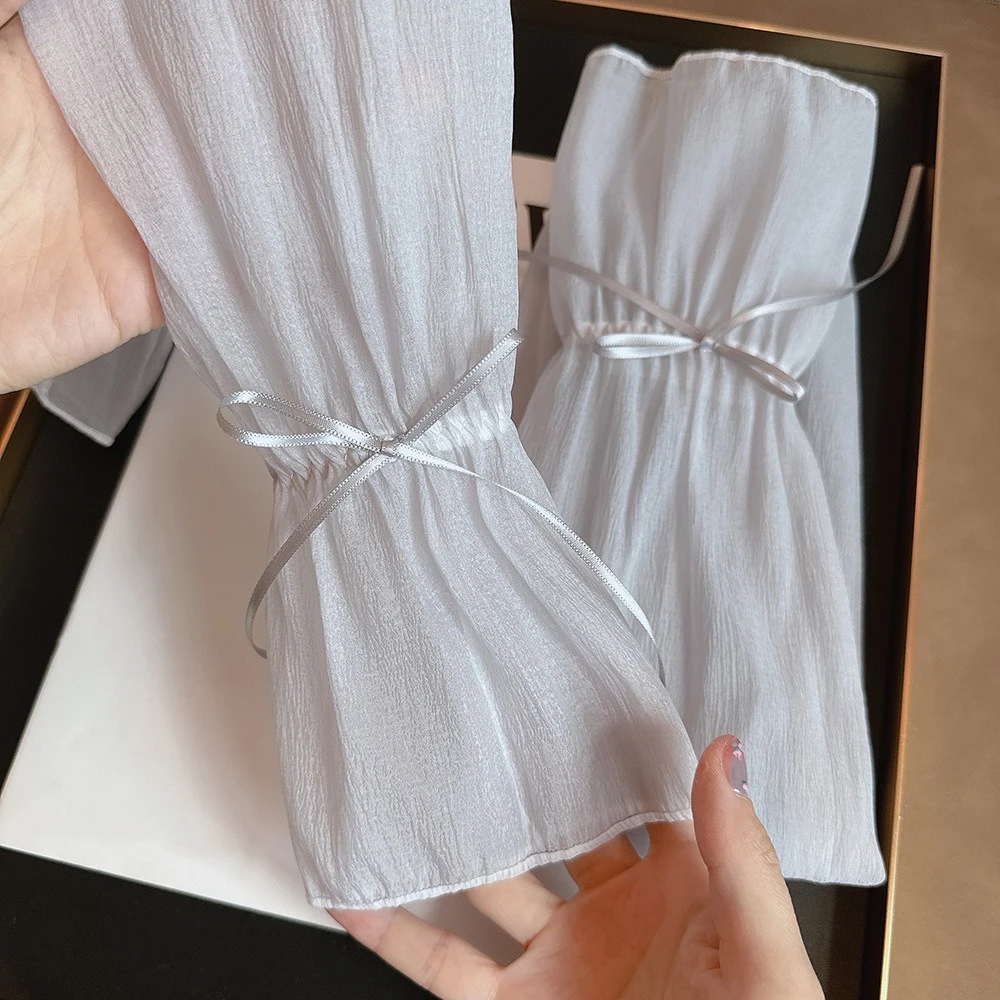 

2pcs/set Sun Protection Bow Gauze Sleeves Thin Polyester Breathable Long Arm Sleeves Fingerless Silk Ribbon