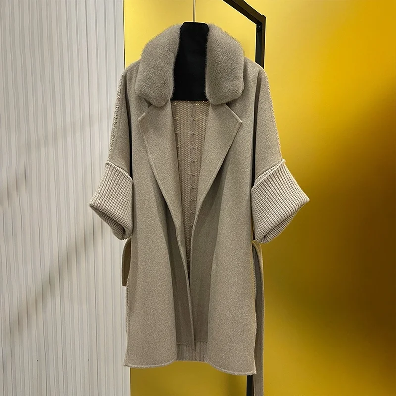 

Высококачественное свободное вязаное кашемировое женское шерстяное пальто в корейском стиле с воротником-стойкой в стиле пэчворк, стиль средней длины 251020139