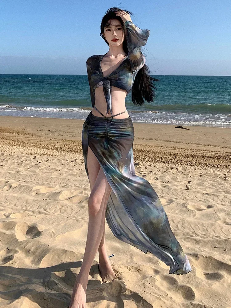 

Korean Swimsuit 2025 Women Sexy Black Tie Dye Long Sleeve Cover Up Long Skirt 4 Piece Bikini Set Bathing Suit Vacation Swimwear