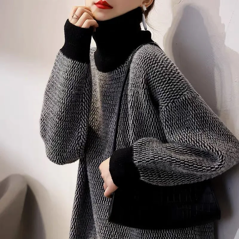

Korean Gentle Pullovers Femme Vintage Knitwear Long Sleeve Overcoat Autumn Winter Women Sweaters High Collar