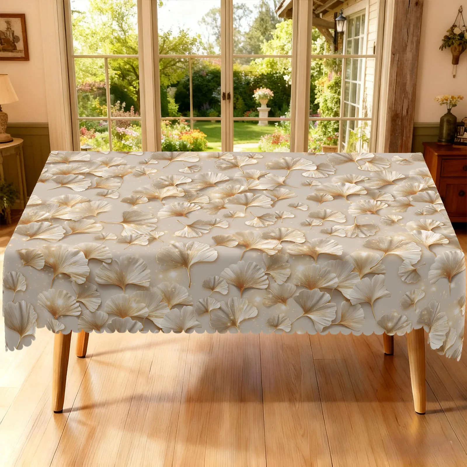 1 Piece of Gilt Ginkgo-Themed Round Tablecloth, Available in 5 Sizes, Gilt-Dyed Milky White Ginkgo Leaves and Star-Patterned Light-Textured Printed Round Tablecloth, Embossed Edge Craftsmanship, Elegant Atmosphere Decoration, Suitable for Daily Family Living Room, Dining Room, Leisure Tea Table Use, Daily Gathering Tea Party Decoration, Spring Atmosphere Decoration