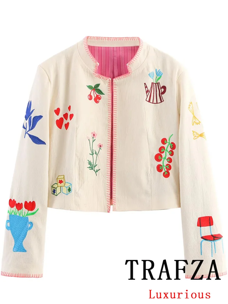 

TRAFZA Elegant Casual Chic Women Jackets Embroidery O-Neck Open Stitch Long Sleeve Coats New Fashion 2025 Autumn Holiday Coats