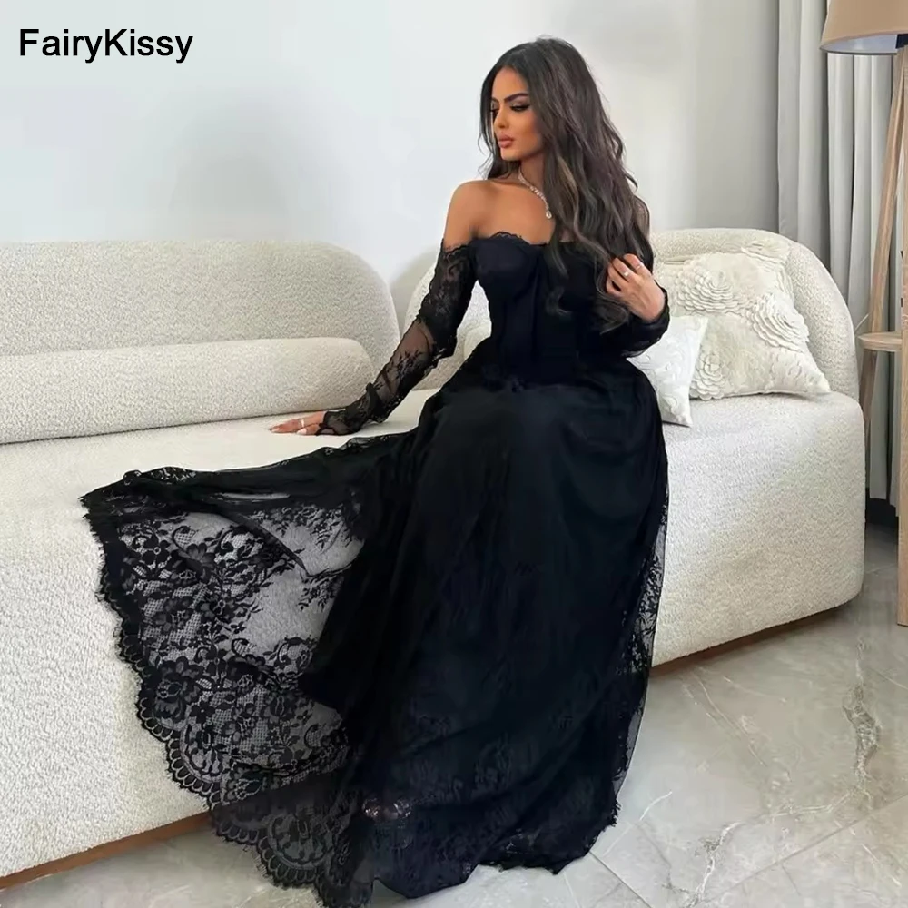 

FairyKissy Black Lace Evening Dress For Wedding Party 2025 Off Shoulder Long Sleeve Prom Dress Arabic Party Gown Customized