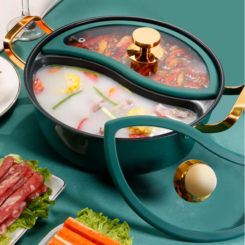 304 stainless steel mandarin duck pot Thickened two-ear soup pot with lid Household induction cooker double-flavor hot pot