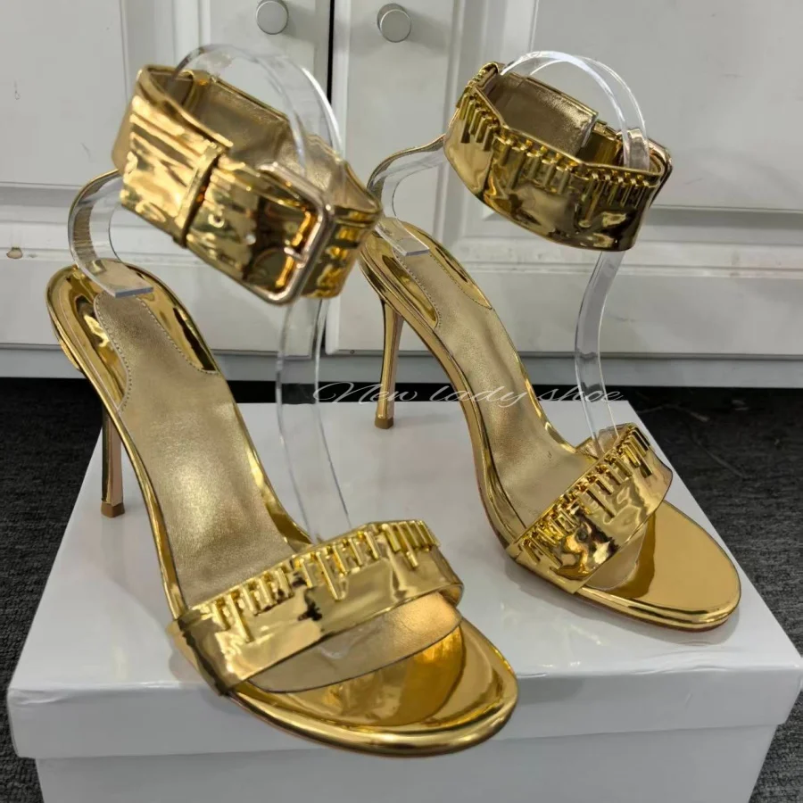 Women Metallic Scale Patent Leather Open Toe Ankle Buckle Strap Sandals Silver Golden Thin Stiletto High Heel Summer Dress Shoes