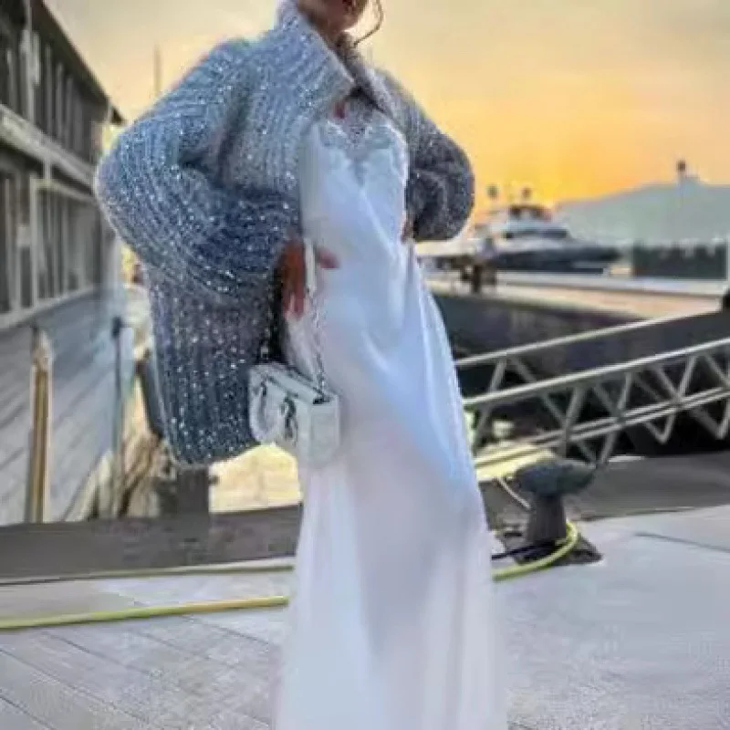 Autumn And Winter New Women's Small Fragrance Fashion Bead Design Knitwear Jacket