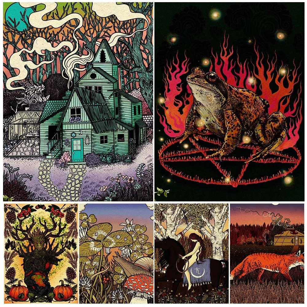 

Skull Shaman And Magic Fire Frog Abstract Wall Art Canvas Painting Witchcraft Element Illustration Art Poster Print Home Decor