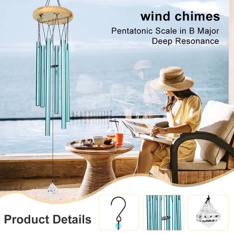 BHBD-Blue Wind Chime 26 Inch Aluminum Tube Bell- Handcrafted Metal Hanging Decor For Home And Garden