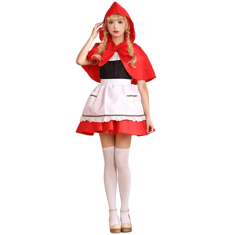السيدات loween الاسمية زي الرداء الأحمر الصغير وتنورة أداء الذئب السيئ الكبير المئزر المخرز المحملة مجموعة