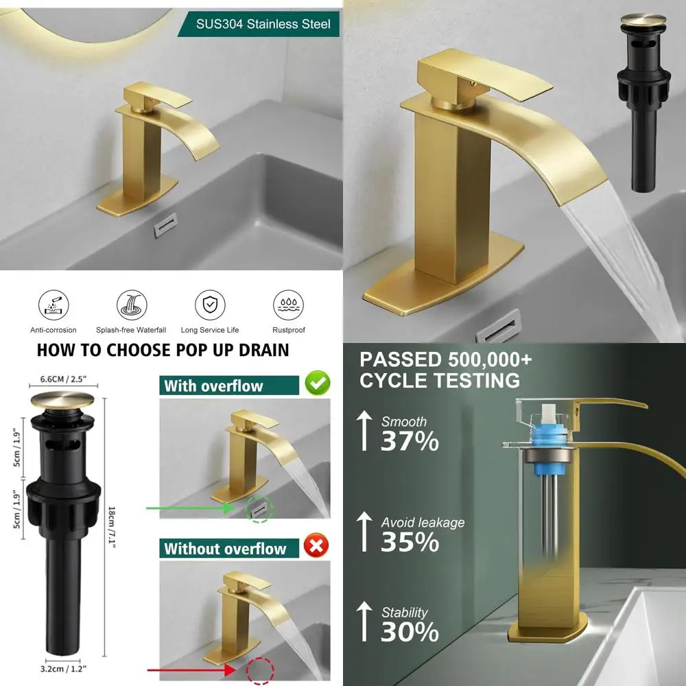 

Смеситель для раковины с золотым изливом-водопадом, однорычажный, из нержавеющей стали, с сливом, шлангом cUPC и декоративной накладкой на столешницу