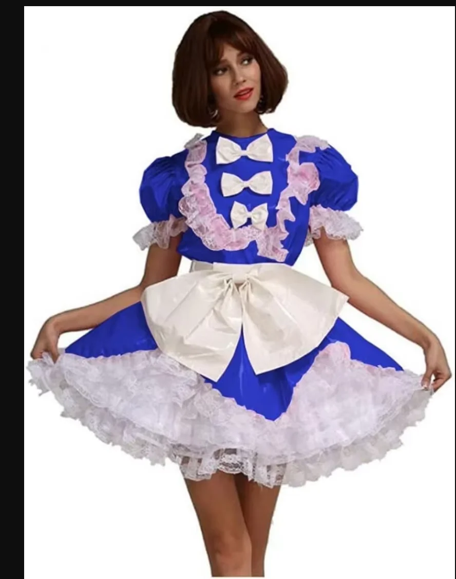 

Big Cute Bow Sissy Cross Dresser Party Lockable PVC Dress Costume Cross Dressing Role-playing Maid Costume Blue and Red Stitched