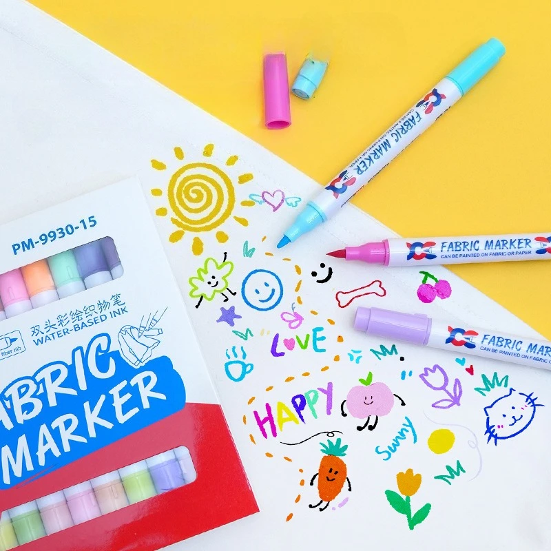 15pcs Double-headed Double-color Painted Fabric Pen Set Wash-resistant Not Easy To Fade for DIY Graffiti Clothes Canvas Shoes