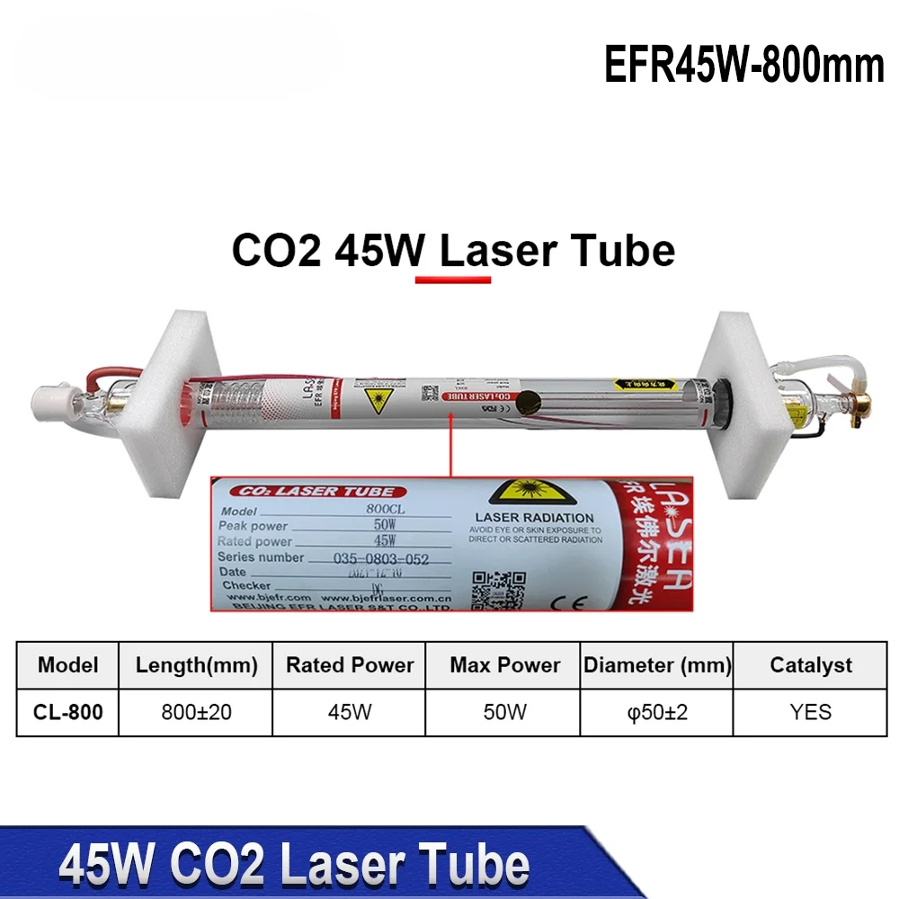 EFR 45W Tubo laser Co2 Diametro 50mm Lunghezza 800mm Lampada laser in vetro per macchina da taglio per incisione Co2